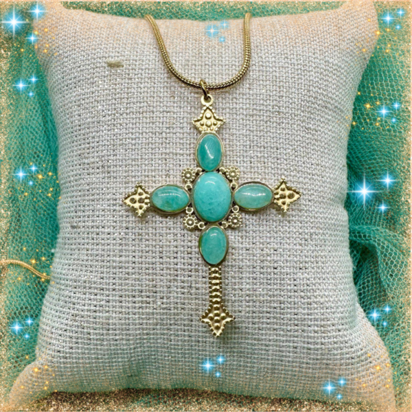 Collar Cruz Amazonita Acero Inoxidable oro